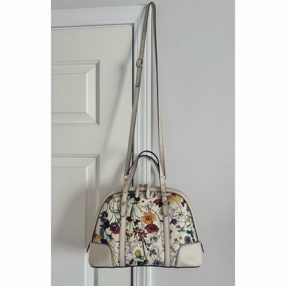 Authentic Gucci Floral Canvas White Leather Dome Satchel Crossbody Bag - Picture 15 of 15